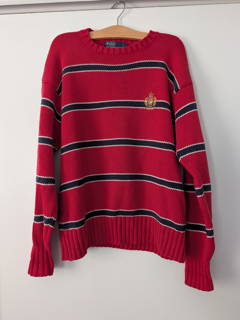 Vintage Polo Ralph Lauren Crest Sweater L Red Navy Striped Heavy Cotton